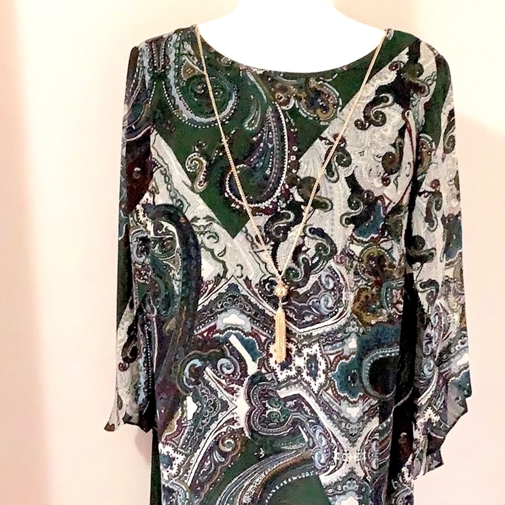 DB Dark Green Paisley 3/4 Tulip Sleeve Fully Lined Chiffon Dress (NWT)
